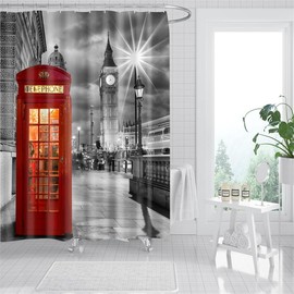 London Red Telephone Box and Big Ben Retro London City Scenry Old Street View at Night Shower Curtain, 180 x 180 cm