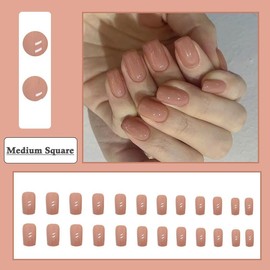 BAOYAALIN Nude Press on Nails Short Medium Square Natural Solid Fake Nails with Fashion Design Full Cover Press ons Artificial Acrylic False Stick on Nail for Women Girls Daily Wear Wedding 24Pcs