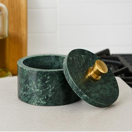 Repan Marble Salt Cellar with Lid and Golden Knob | Natural Stone Salt Box for Kitchen Counter and Dining | Marble Spice Jar Holder for Cooking, Tabletop, and Countertop Storage (4X3.5 Inch, Green)