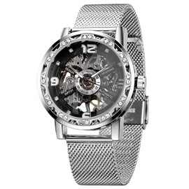 Tiong S1089 Silver Black Mesh Band Men's Casual Mechanical Watch, Waterproof Business Mechanical Mesh Band Watch Arabic Digital Dial for Men