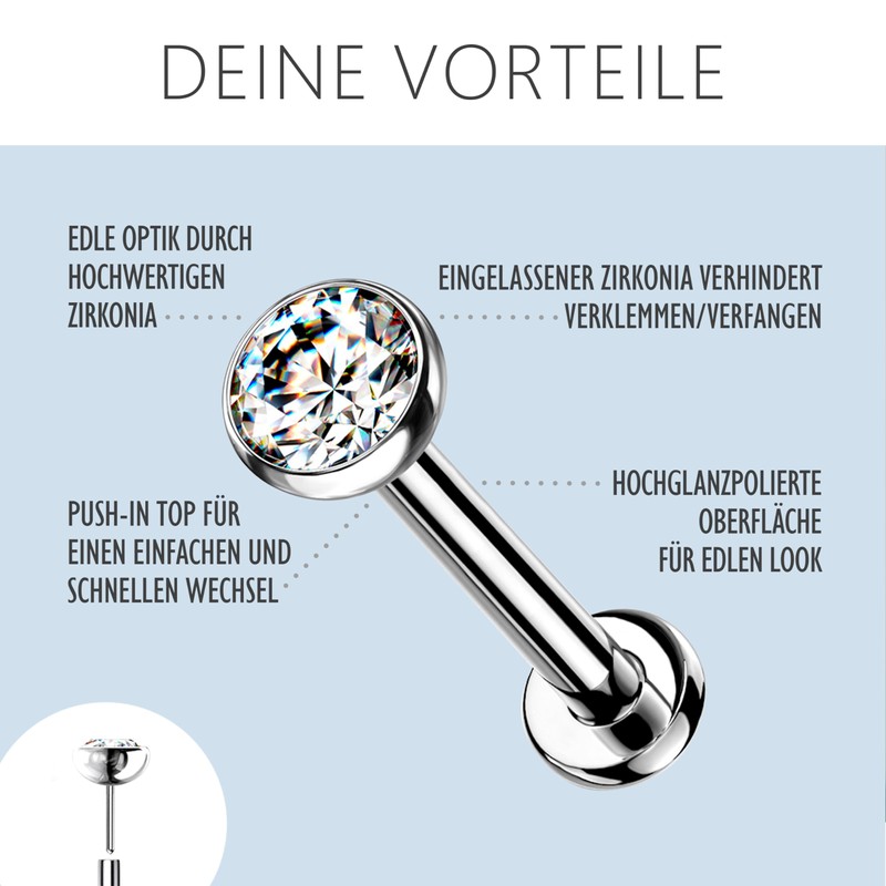 Stachelkleid Labret Piercing Titanium Zirconia Silver Push-in Without Thread Cartilage