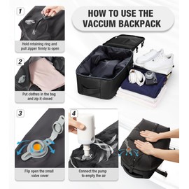 Vacuum Backpack Travel with Pump Personal Item Carry on Flight Approved Backpacks for Women Men Laptop Space Saver Bags Storage with Vacuum System Waterproof Work Compression bags Daypack Black