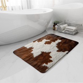 Cowhide Bath Mat Rustic Farmhouse Brown Cow Skin Western Country Texas Farm Animals Bathroom Rugs Memory Foam Home Decor Rugs 17.7X29.5 Inch