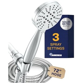 HammerHead Showers® Solid Metal 3-Spray Handheld Shower Head with Long Hose and Holder - CHROME - 2.5 GPM High Pressure Shower Head with Handheld Sprayer - WIDE, MASSAGE, and MIST Sprays