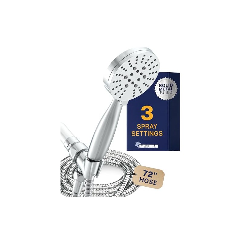 HammerHead Showers® Solid Metal 3-Spray Handheld Shower Head with Long
