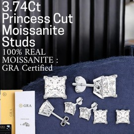 Certified 3 Carat Moissanite Princess Cut Stud Earrings for Women & Men, D Color, 925 Sterling Silver with 18K Gold Rhodium Plating