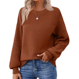 Zeagoo Trendy Fall Tops for Women 2025 Pumpkin Long Sleeve Pullover Crewneck Sweaters for Women 2025 Soft Knit Oversized Jumper Tops Caramel