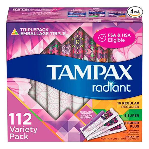 Tampax Radiant Plastic Tampons, Regular/Super/Super Plus Absorbency Triplepack, 112 Count, Unscented (28 Count, Pack of 4 - 112 Count Total)