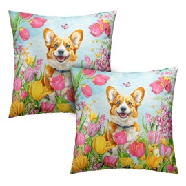 Kwlegh Lovely Puppy Pillow Covers 18x18 Set of 2 Cute Dog with Tulip Throw Pillow Covers Adorable Corgi Decorative Pillow Case Floral Cushion Case for Farmhouse Couch Sofa