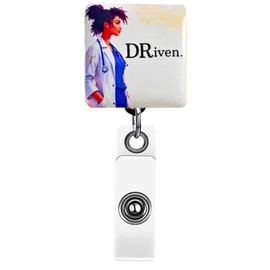 Reflections By Zana Square Driven Black Female Doctor ID Badge for Medical Professionals with Swivel Clip