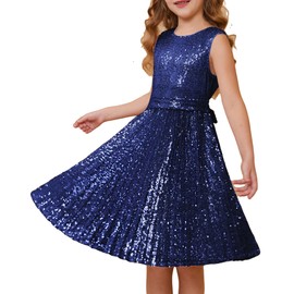 GRACE KARIN Navy Blue Dress for Girls Size 6-7 Sequin Ruffle Prom Kids Party Formal Dress