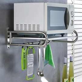 NAWESRVA Stainless Steel Microwave Wall Mount Shelf with 6 Hooks - 66 lbs Capacity, 21x15 Inches, Easy Install, Space-Saving Organizer for Home and Kitchen