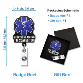 YAZMEEN Funny Nurse Badge Reel Gifts - Stop Screaming I'm Scared Too - Retractable Badge Holder with Clip - Black Glitter Acrylic ID Card Holder - Gifts for EMS EMT Nurse Paramedic First Responder