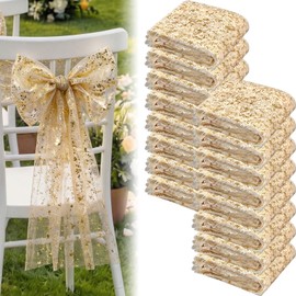 Jecery 16 Pcs Gold Chair Sashes, 6 x 108 in Gauze Tulle Bows Wedding Decor