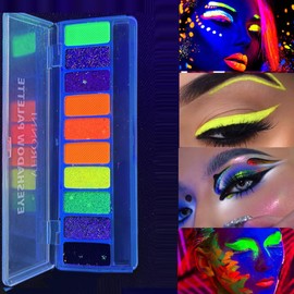 KARLOR 10 Color Fluorescent Eyeshadow, Glitter Luminous Neon UV Eyeshadow Matte Shimmer Sequins Colorful Glow Makeup Eyeshadows Palette with Brush, Neon Eye shadow Glow under UV Light