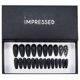 IMPRESSED Luxury Press on Nails 24 pcs Long Fake Coffin Nail Tips Matte Black Rhinestone Design False Nails with Adhesive Nail Glue Tabs (Matte black)