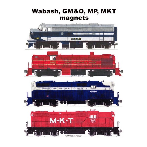 Wabash, Gulf Mobile & Ohio, Missouri Pacific, MKT magnets Andy