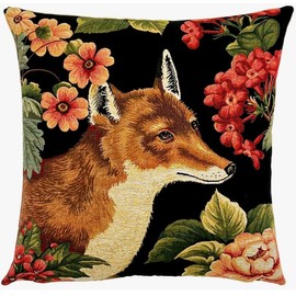 Yapatkwa Belgian Tapestries, Hare & Flowers, Chocolate, Decorative Woven Tapestry Pillow / Cushion Cover, 18" x 18"