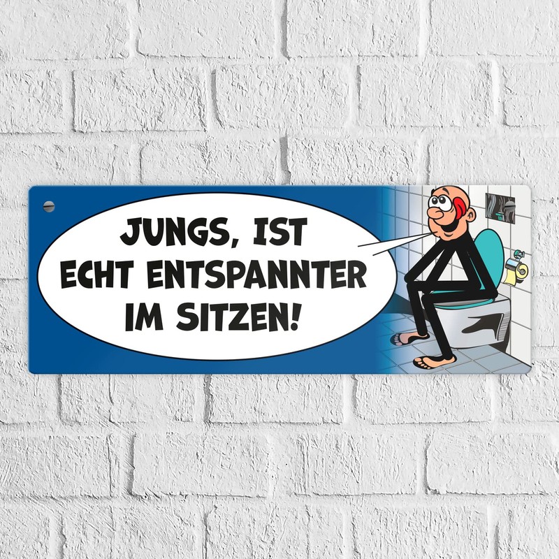 Please sit pee metal sign in blue comic style a