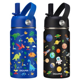 2-Pack Kids Water Bottle for School - 12 oz Vacuum Insulated Water Bottles w/Straw Leak Proof, Boys Girls BPA-FREE Drink Cup, Wide Mouth Stainless Steel Flask w/Protective Cup Mat, Toddler Tumbler