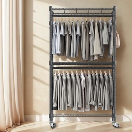Heavy Duty Garment Rack Adjustable 3 Tiers Wire Shelving Rolling Clothes Rack with Double Rods and Side Hooks, Freestanding Wardrobe Storage Rack Metal Clothing Rack, Black