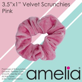Amelia Beauty, Pink Velvet Scrunchies, Medium 3.5in, Gentle on Hair, Strong Hold, No Snag, No Dents or Creases. 8 Pack