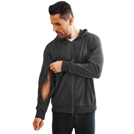 Deyeek Dialysis Jacket Full-Zip Hoodies Both Arms Two Way Zippers Hemodialysis Cotton Clothing with Pockets Dark Gray