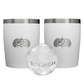 Toadfish Non-tipping 10oz Double Wall Insulated Stainless Steel Rocks Tumbler 2-Pack Gift Set w/Ice Ball Tray & Easy Slide Lid - White
