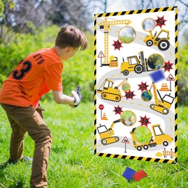 Construction Truck Toss Game Banner with 4 Bean Bags - Indoor Outdoor Excavator Throwing Theme Party Game Banner Construction Birthday Party Supplies for Kids Adults