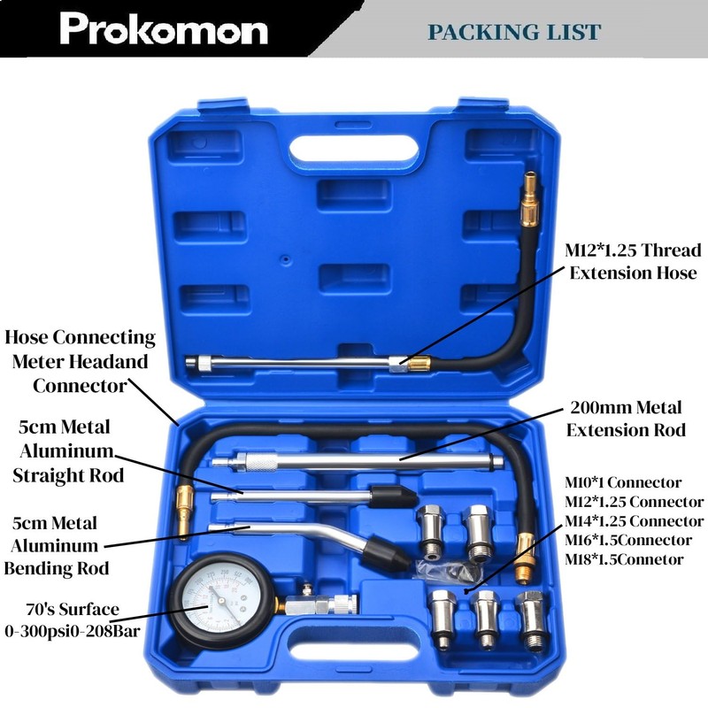Prokomon Petrol Gasoline Engine Compression Tester Kit; 300 Psi Engine