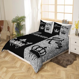 Homemissing Black and Grey Crown King and Queen Duvet Cover King Size for Adults Couple Men Women,Valentine'S Day Wedding Gifts,His and Hers Quilt Cover 2 Pillowcases Bedroom Decor(No Glitter)