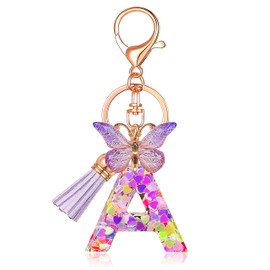 JINGUAZI Initial letter Keychains for Women Tassel Butterfly Pink Cute Car Keychain for Wallet Purses Backpack (Purple A)