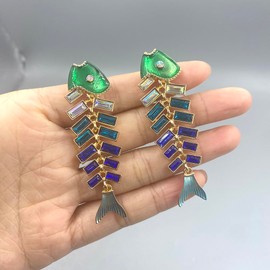 arete de hueso de pescado, arete de aceite de goteo, coloridos cristales esmaltados, aretes largos creativos de espina de pescado, aretes colgantes de gota de pescado, joyería para mujeres y niñas, Cristal, cristal