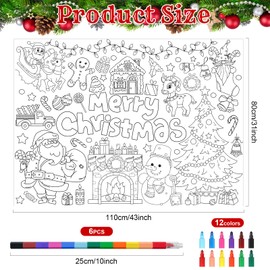 Giant Merry Chirstmas Coloring Poster with 6 Stacking Crayons, Large Xmas Coloring Tablecloth Jumbo Holiday Art Activity Poster Banner for Christmas Classroom Party Supplies Favor,43x 31Inch