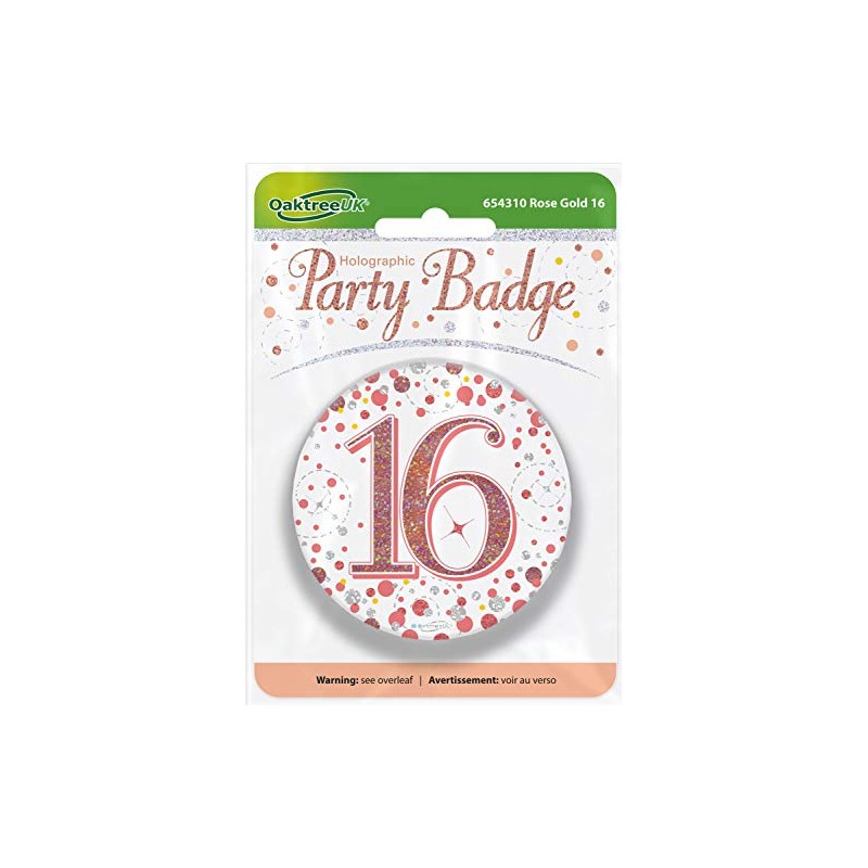 OakTree 3" Badge 16th Birthday Sparkling Fizz Rose Gold Holographic