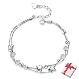 Kawailay Stars Double Layered Bangle Stars Chains Bracelets 925 Sterling Silver Bracelet for Ladies Girlfriend Birthday Style 1