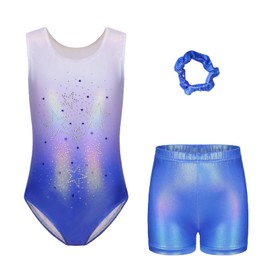 Gymnastics Leotards Set For Girls - with Shorts and Headband Gradient Color Sparkling Ballet Dancing Unitards Gymnastics Outfit for 5-12 Years (BLUE-SHORT, Tag 8A(7-8 Years))