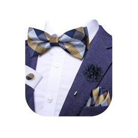 Dubulle Blue Brown Bowtie for Men Paisley Floral Mens Pretied Bowtie and Lapel Pin Set Pocket Square Cufflinks Wedding
