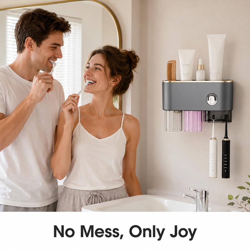 Bathroom Toothbrush Holder —Wall-Mounted Toothbrush Organizer (with Automatic Toothpaste Dispenser),
