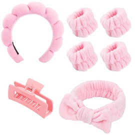 7 Pcs Spa Headband,Makeup Headband,Headband for Washing Face,Skin Care Headband and Wristband Hairpin Set,Bow Spa Headband,Shower Hair Accessory Set（Pink）