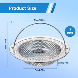 3 Pieces Stainless Steel Drain Strainer with Handle, Sink Strainer with Handle, Clogging Protection for Kitchen Sink, Sink Strainer Drain Sink with Handle for Kitchen Sink, Suitable for Kitchen Sink