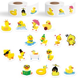 Haooryx 1000pcs Yellow Duck Sticker Rolls, 16 Designs Cute Yellow Rubber Ducks Sticker Decals, Cartoon Yellow Duck Self-Adhesive Sticker for Kids Birthday Party Supplies Waterbottle Scrapbook Decor