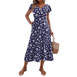 Zeagoo Summer Dress for Women 2025 Flutter Sleeve V Neck Midi Dress Fashion Casual Loose Fit Flowy Tiered Boho Beach Vacation Dress Blue White Flower XXL