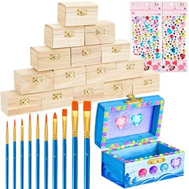 15 Pcs Small Wooden Boxes with Hinged Lids 3.5 x 2.2 x 1.9 Inch Unfinished Wooden Treasure Chest Box 10 Pcs Paint Brushes with 2 Sheets Craft Gems Self Adhesive Rhinestones Stickers for Craft, Art