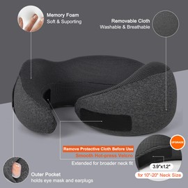 MULIHOMI New Packaging Updated Travel Pillow for Airplane with 100% Memory Foam, 360° Adjustable Full Surrounding Flying Neck Pillows, Travel Pillow Set with 3D Eye Masks, Earplugs (Black)
