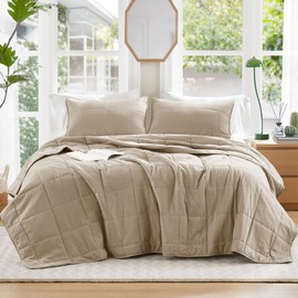 Comfort Spaces Neutral Twin Quilt Set - 2 Pieces Breathable Dotted Weave Quilt Sets with Piping Border, Modern Farmhouse Cottage Coverlet & Sham, All Season Microfiber Twin Bed Set, Twin/Twin XL