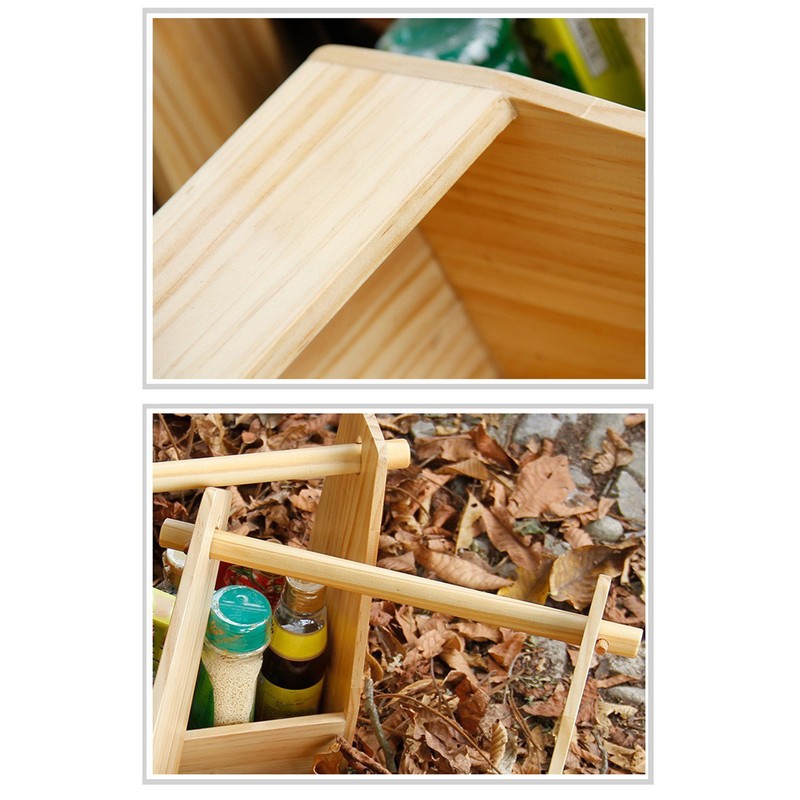 Outdoor Wood Seasoning Storage Basket with Handle Picnic Condiments BBQ