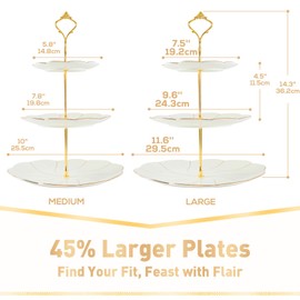 DUJUST Luxury Larger 3-Tier Cupcake Stand Tower, British Style Porcelain Serving Tray with Golden Trim, Food Grade Dessert Display Stand for Tea Party & Home Décor - 45% Larger Plates