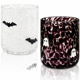 Mrnsta 2 Pcs Halloween Icon Glass Cups - 16oz Ghost & Bat Icon Juice Glass Old Fashioned Hand Blown Cute Drinking Cups, Drinkware Gift Set for Party Decoration & Lovely Friends