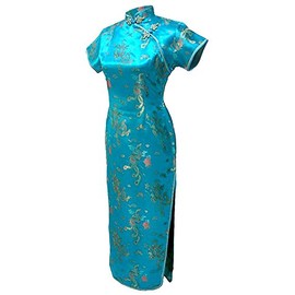 7Fairy Women's VTG Turquoise Dragon Long Chinese Dress Cheongsam Size 2 US